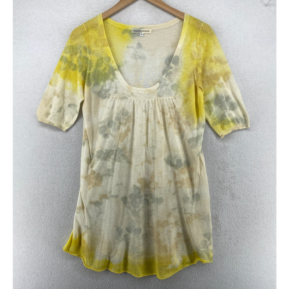 MARIKA CHARLES Sweater 2 Tie Dye Tunic Pleated Scoop Neck Elbow Sleeve Yellow - Picture 1 of 14